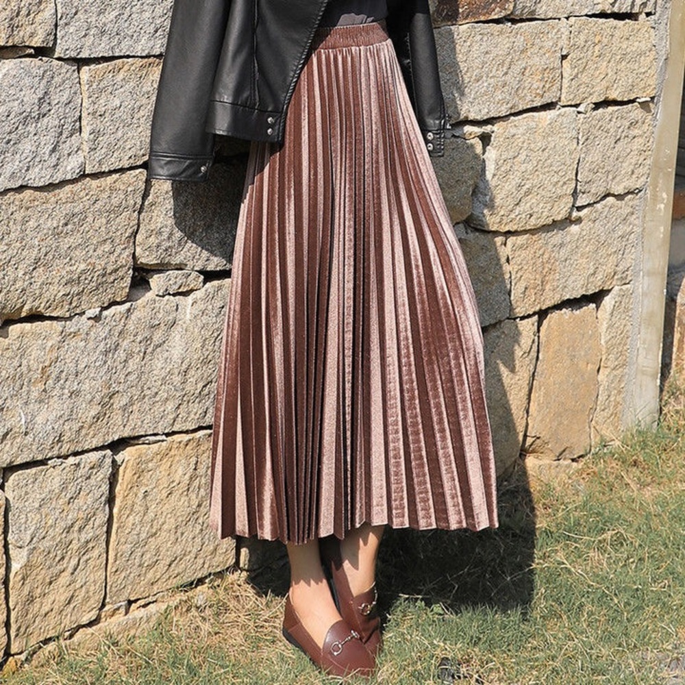 Pleated Maxi Skirt Long Metallic Pink Women High Waist Casual Loose SOHO Apparel